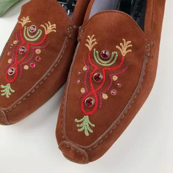 Bruno Magli Sport Flats Brown Suede Jeweled Embroidered Women's 9 - Picture 2 of 10